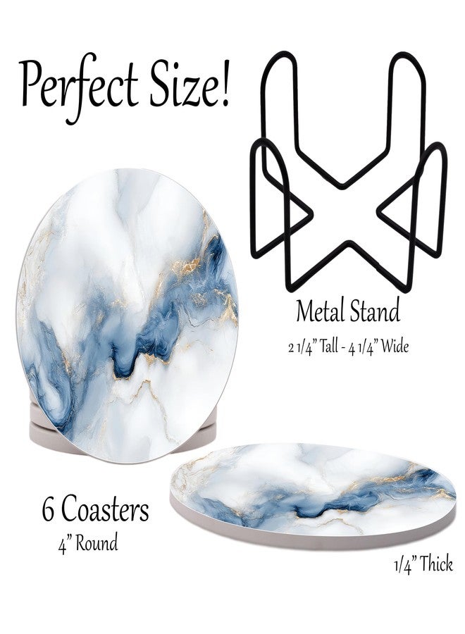 DAJDC White Agate Marble Round Coasters Set of 6 - Abosrbent Ceramic Coasters with Metal Stand for Drinks, Coffee, Non-Slip Cork Back for Tabletop Protection, 4 Inches Marbled Pattern (Agate) - Image 2